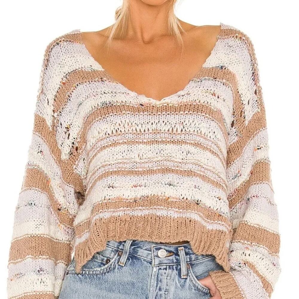 Free People Lake Life Pullover Sweater Small S Sunset Sand Open Knit Crop V-Neck
